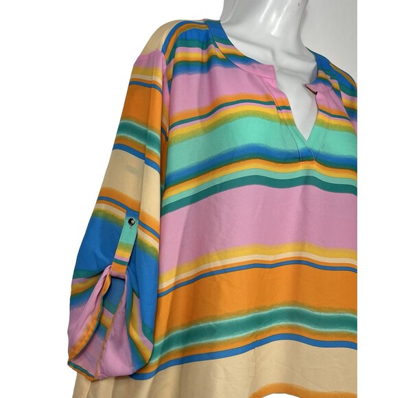 Cato Plus Size 22/24W Multicolor Striped Tunic Top Hi-Low Roll Tab Sleeve Blouse - Picture 4 of 8